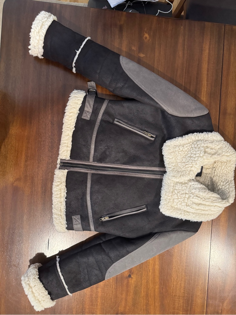 NWT Korean Streetwear Faux Shearling B-3 Aviator Moto Jacket Dark Gray